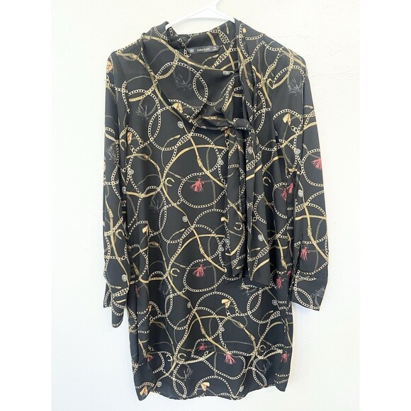 ZARA XSMALL BLACK HORSE CHAIN PRINT TIE NECK LONG OVERSIZED BLOUSE TOP XS - Picture 2 of 9